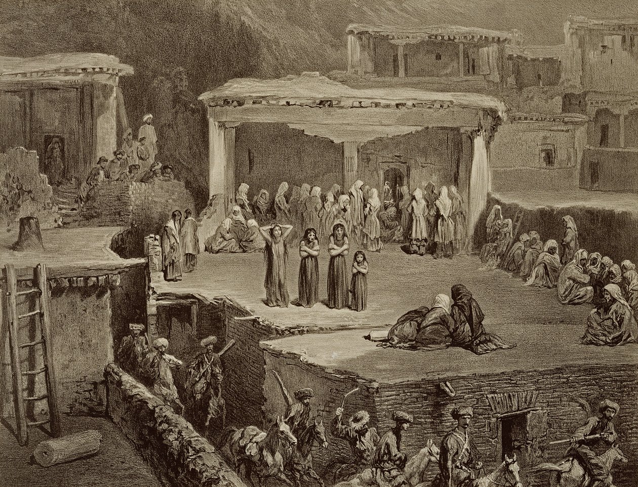 Funeral Ceremony in the Ruins at Akhaltchi, Dagestan, plate 70 from a book on the Caucasus, engraved by Eugene Le Roux published by Alfred Leon Lemercier, Paris, 1847 by Grigori Grigorevich Gagarin