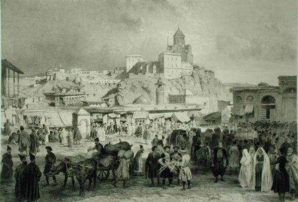 The Bazaar in Maidan Square, Tiflis, Georgia, plate 25 from a book on the Caucasus, engraved by Adolphe Jean-Baptiste Bayot and Eugene Ciceri, published by Alfred Leon Lemercier, Paris by Grigori Grigorevich (after) Gagarin