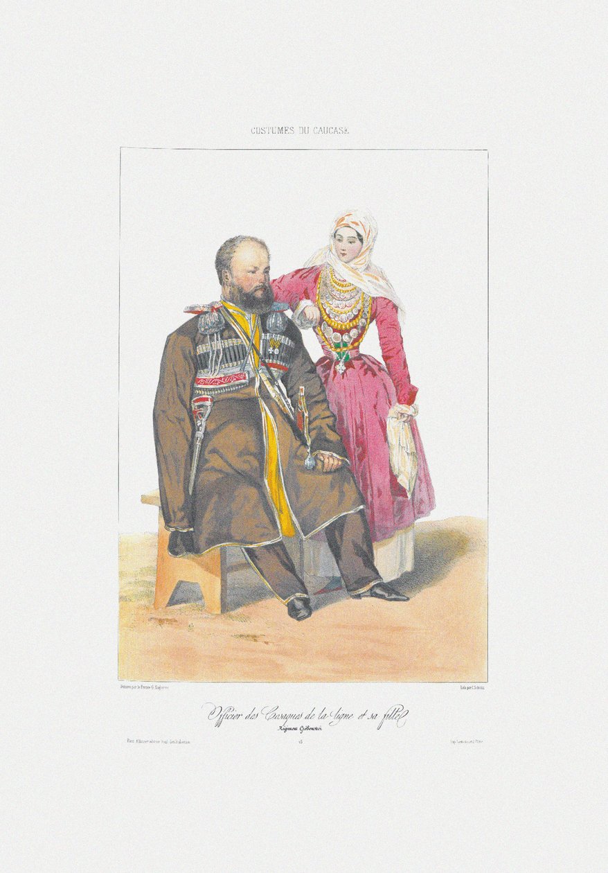 Terek Cossack with Daughter From: Scenes, Paysages, Meurs et Costumes du Caucase by Grigori Grigorevich Gagarin