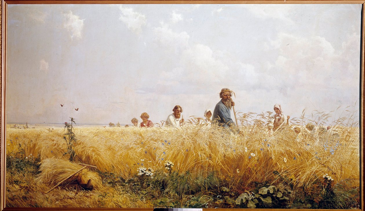 Harvest. Russian peasants mowing the wheat by Grigoriy Myasoyedov
