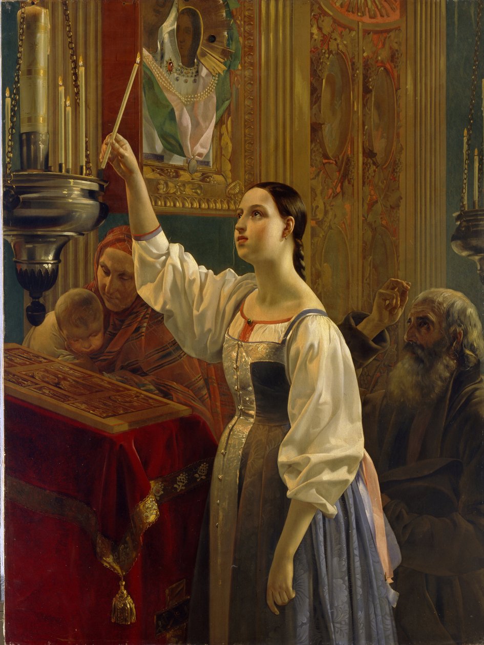 Girl Placing a Candle Before the Icon. by Grigory Mikhailov