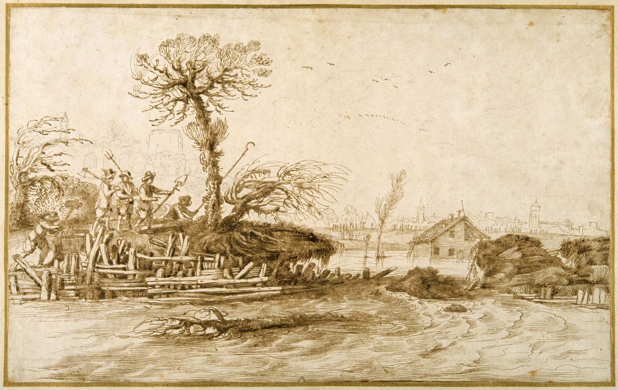 A river in flood, and peasants with axes and other tools by Guercino