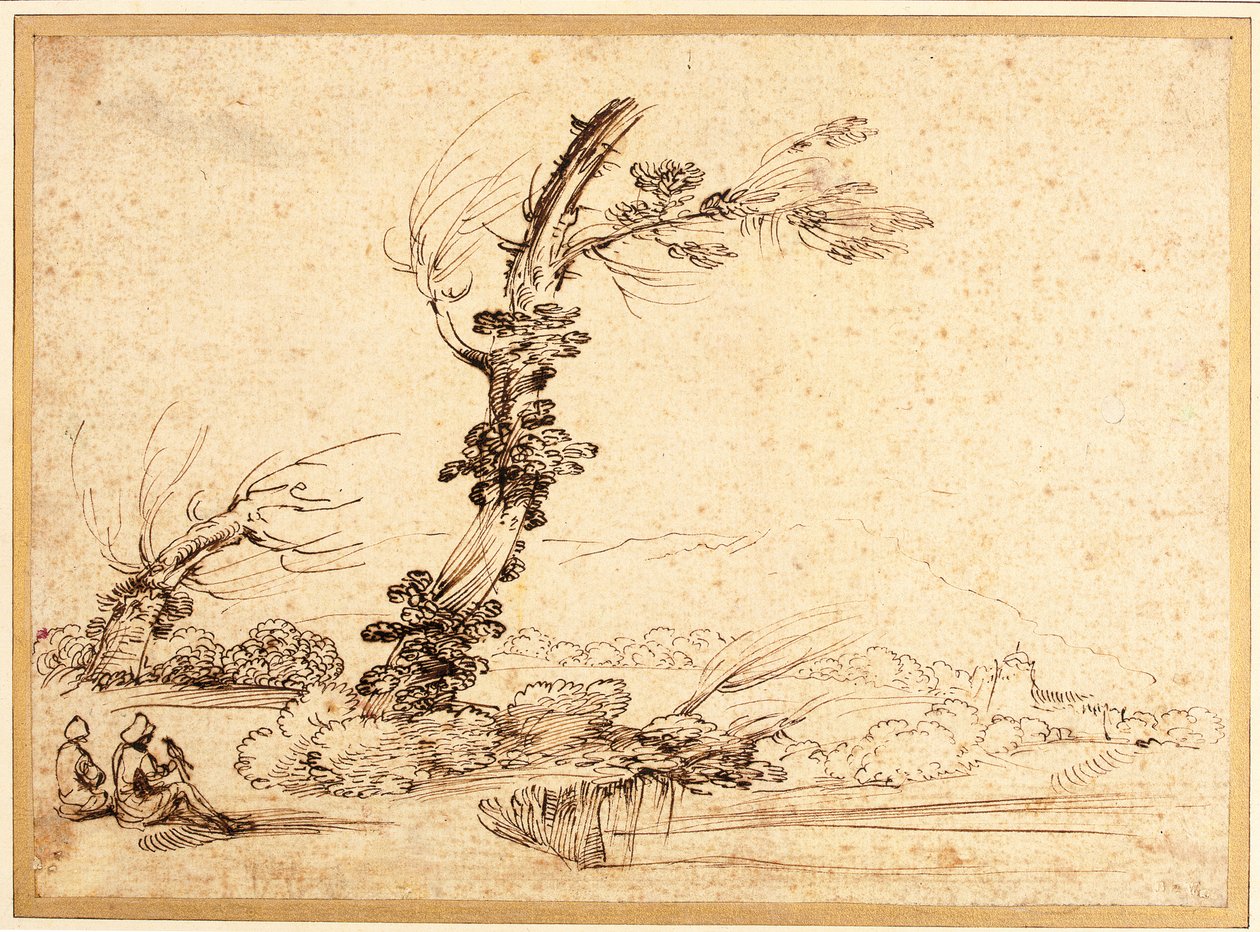 Landscape with Falconers by a Tree by Guercino