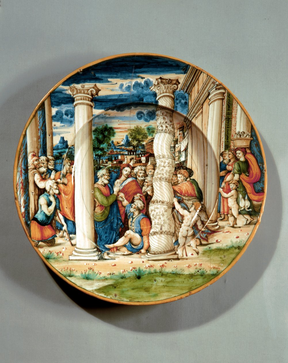 Dish depicting St. Peter and St. John healing the lame man at the Temple by Guido Di (workshop of) Merlino