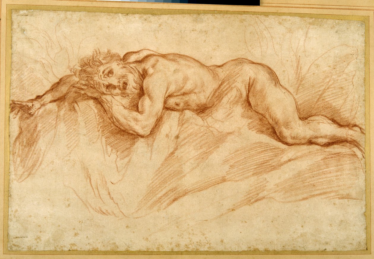 A terrified nude man, prone on rocky ground by Guido Reni
