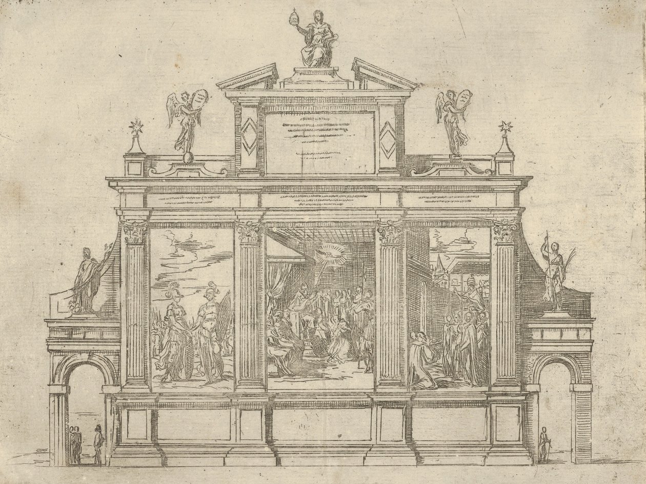 Facade of a triumphal monument with three scenes depicting deeds of Pope Clement VIII, a temporary decoration for the event by Guido Reni