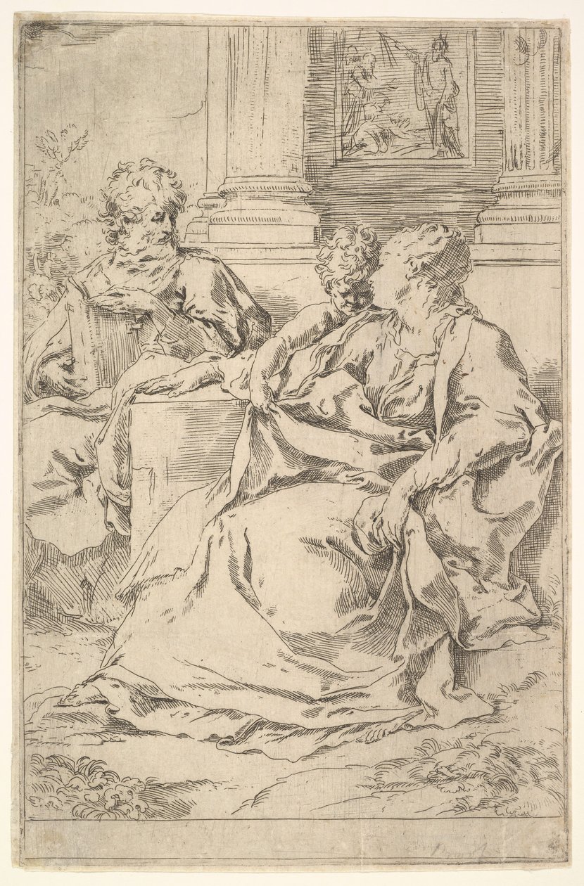 The Holy Family with Scriptural Scene in Background by Guido Reni