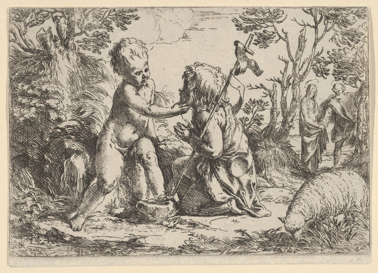 Young Saint John the Baptist kneeling before the infant Christ who caresses his face by Guido Reni