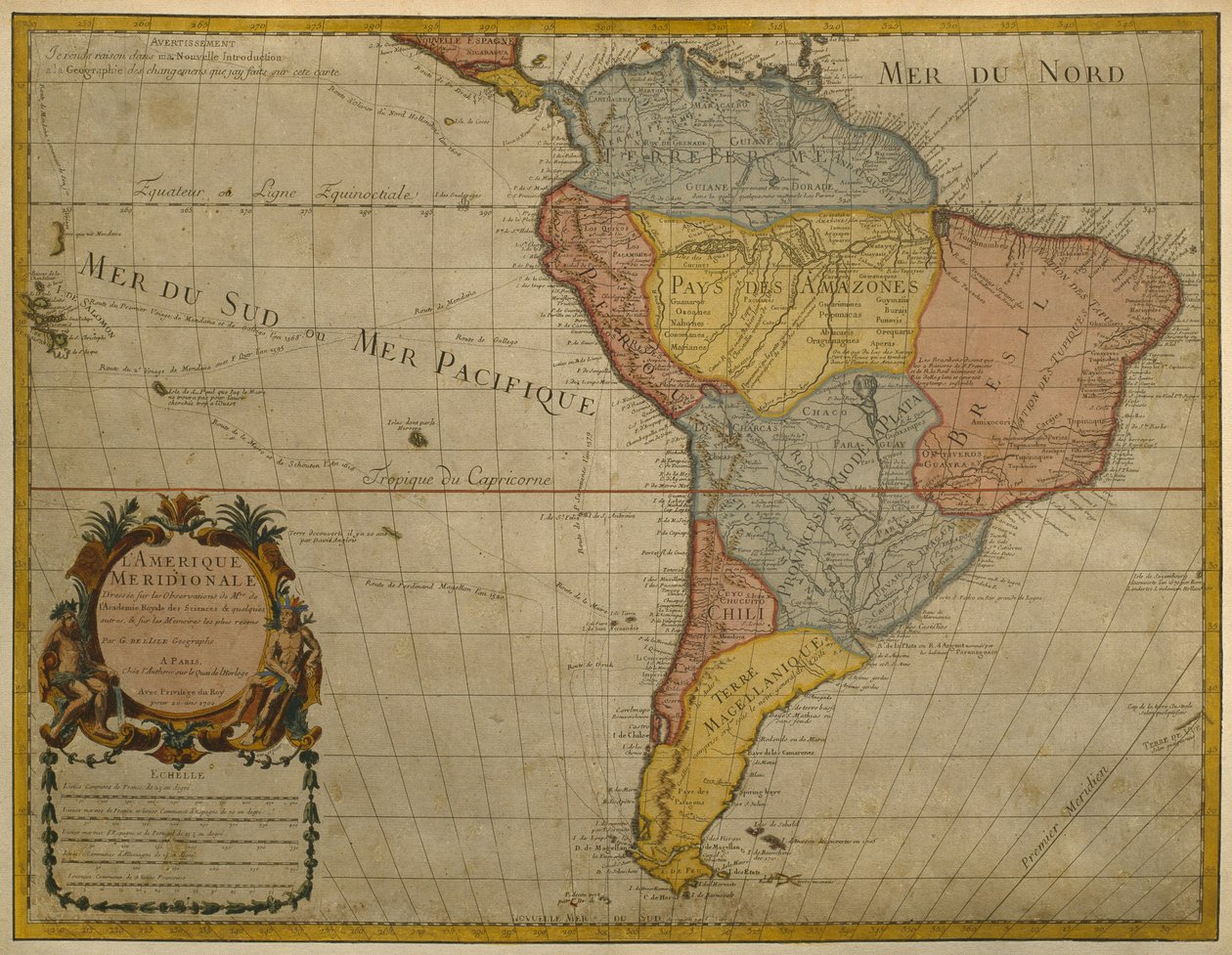 Map of South America, published in 1700, Paris by Guillaume Delisle