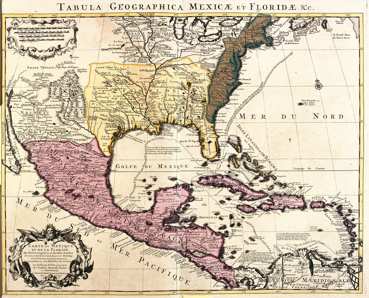 Map of Mexico and Florida with the Caribbean Islands (Cuba, Haiti, Jamaica, Antilles) (etching) by Guillaume Delisle