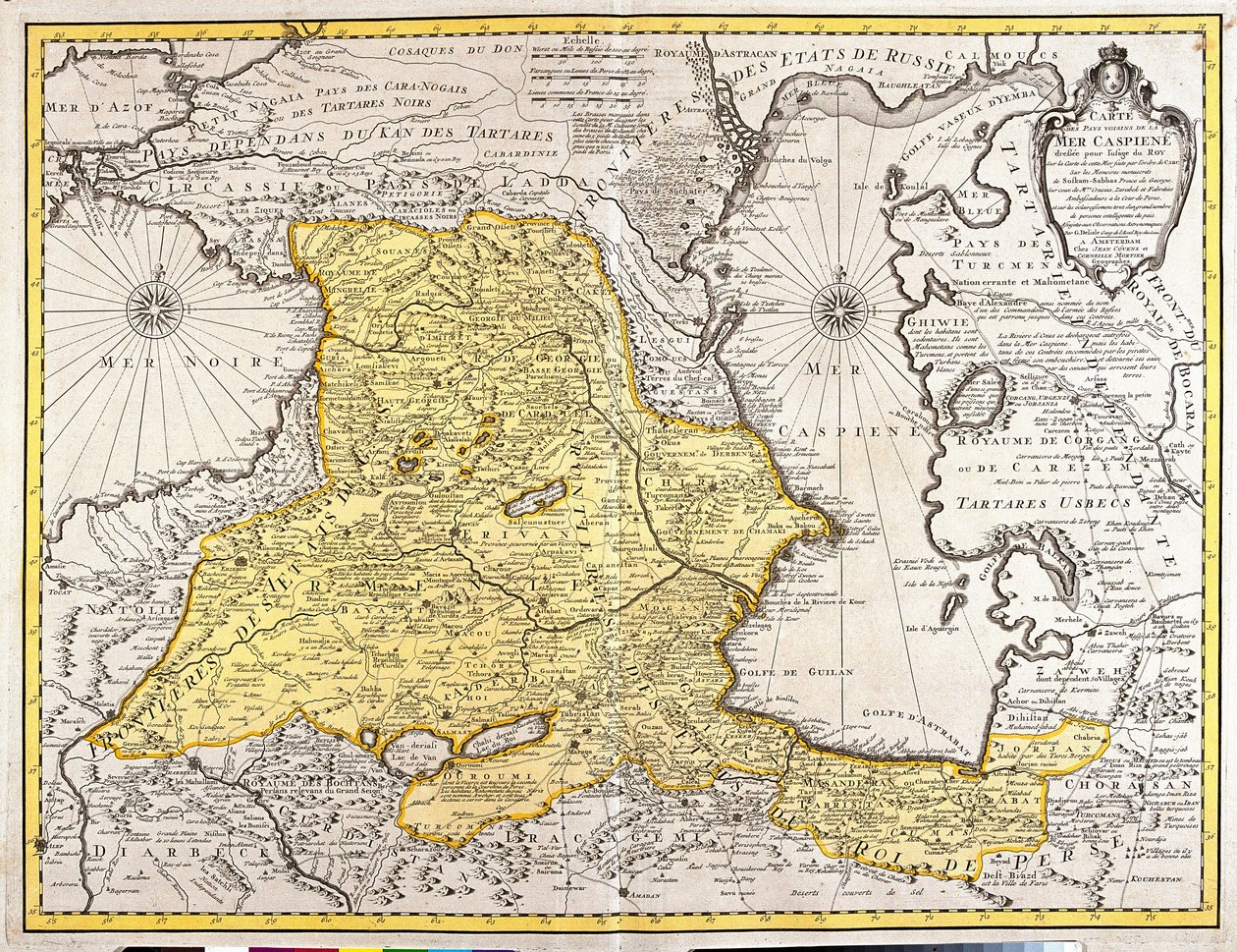 Map of neighboring countries of the Caspian Sea (Russia, Armenia, Persia, Kazakhstan, Turkmenistan) by Guillaume Delisle