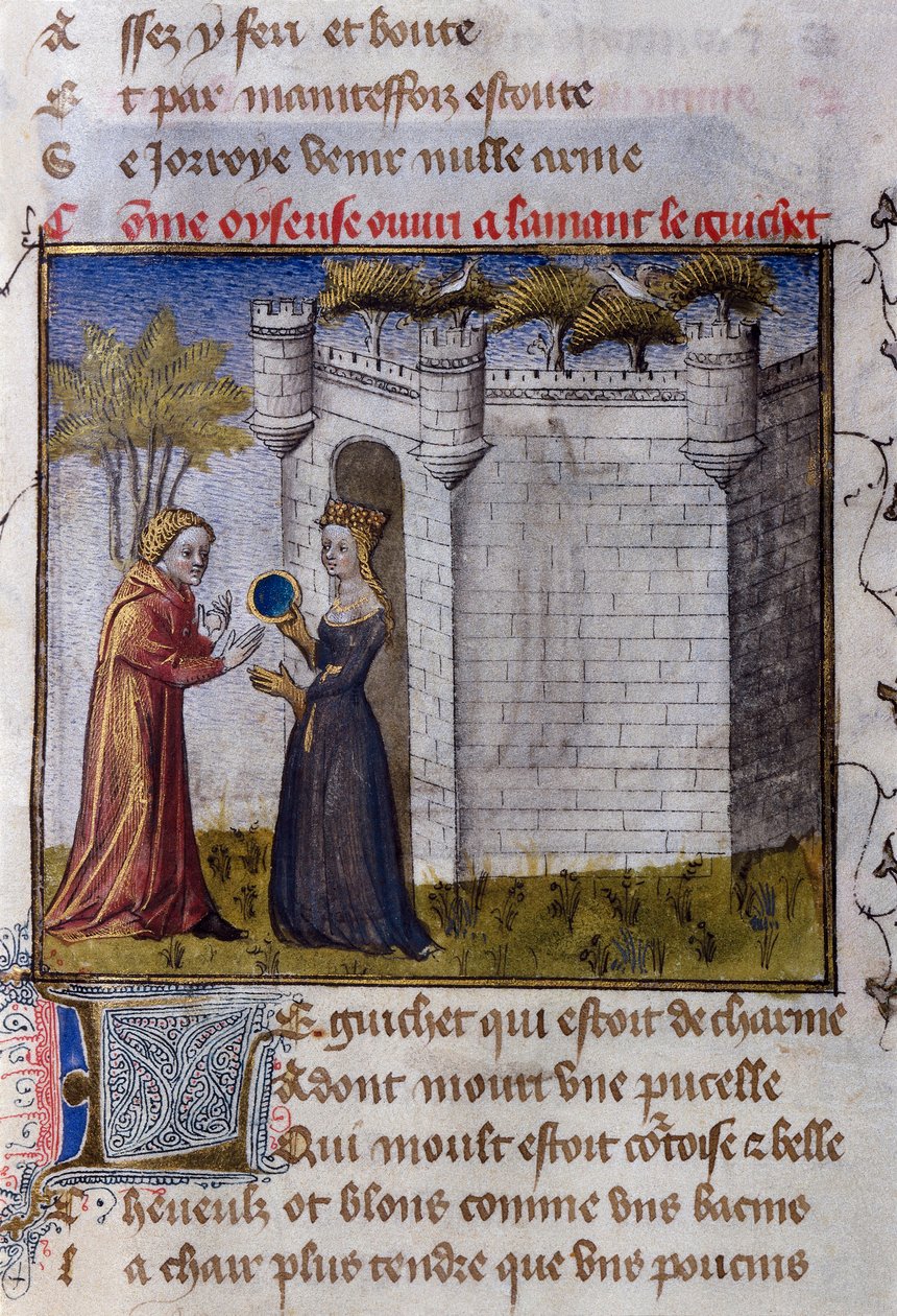 A gallant scene between two lovers: the girl invites her lover to enter by Guillaume de Lorris