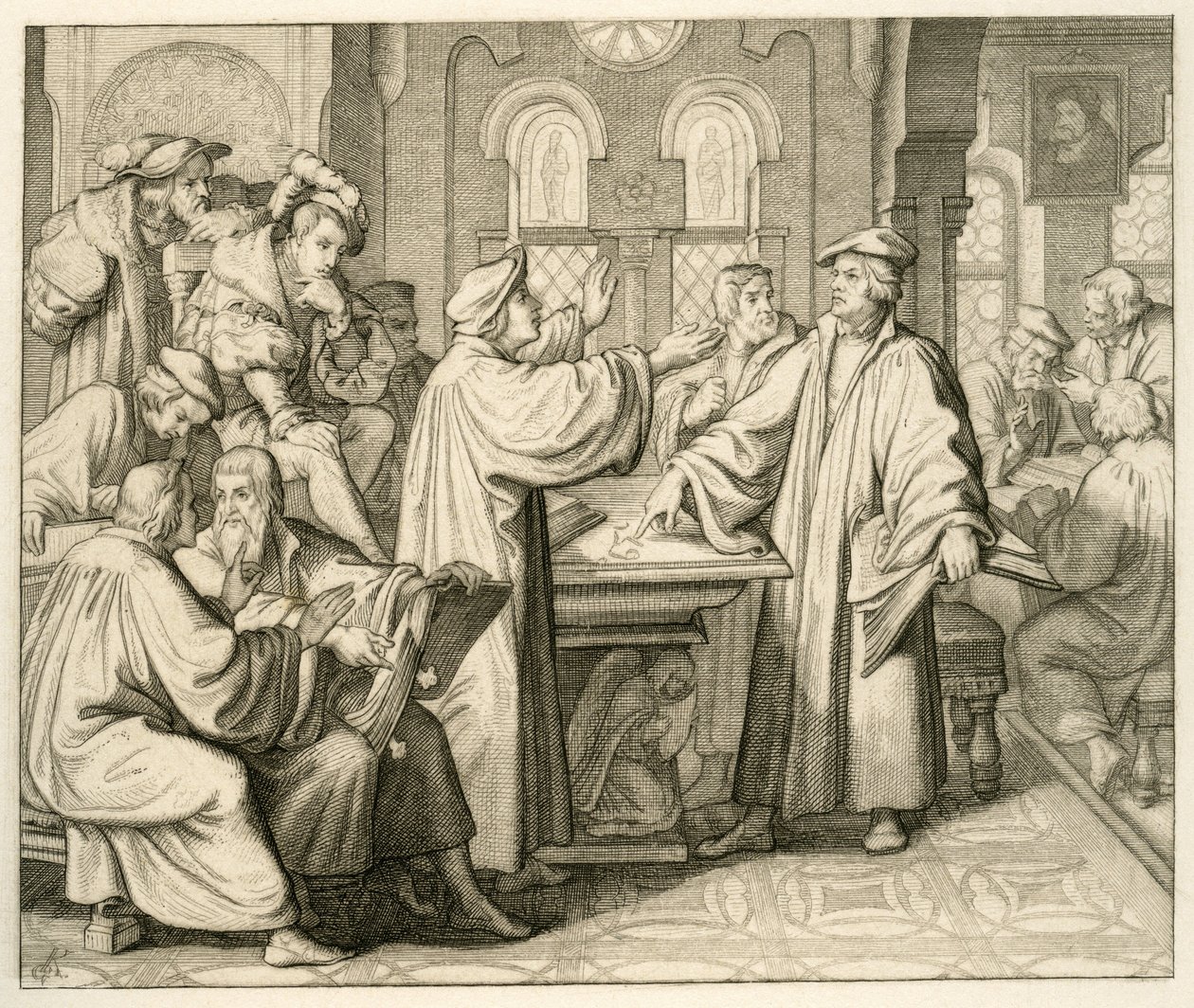 Luther and Ulrich Zwingli discussing the sacrament without agreement, Marburg 1529 by Gustav Ferdinand Leopold Konig