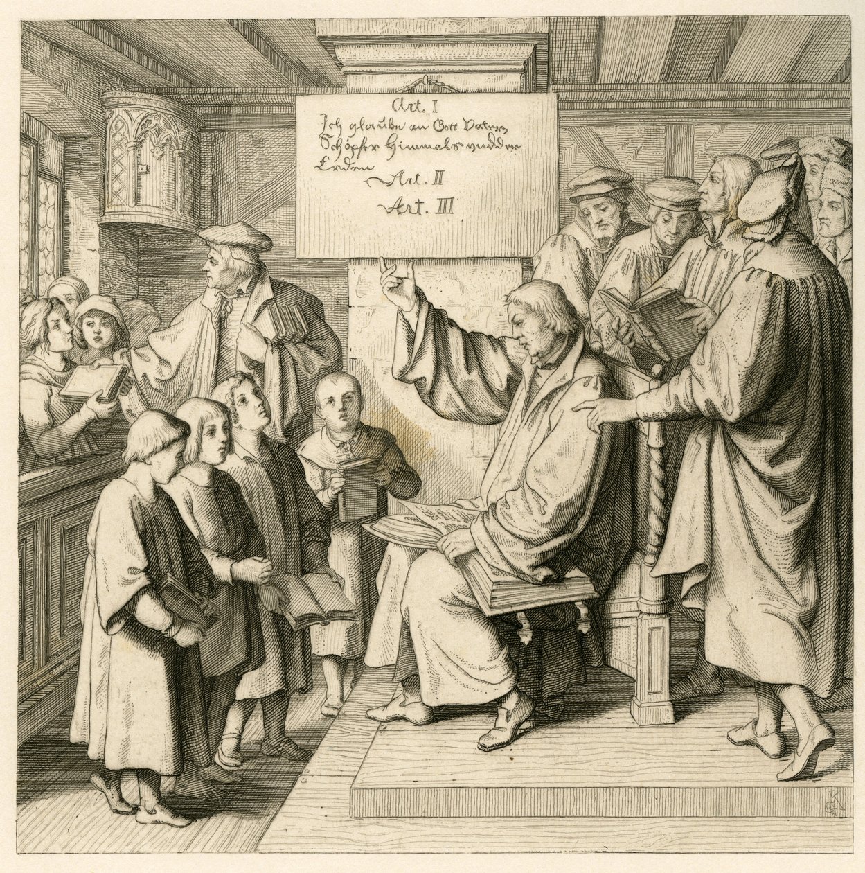 Martin Luther at School with Lots of Children, Because the Religion Lessons are Very Important for Him, on the Right Some Teachers by Gustav Ferdinand Leopold Konig