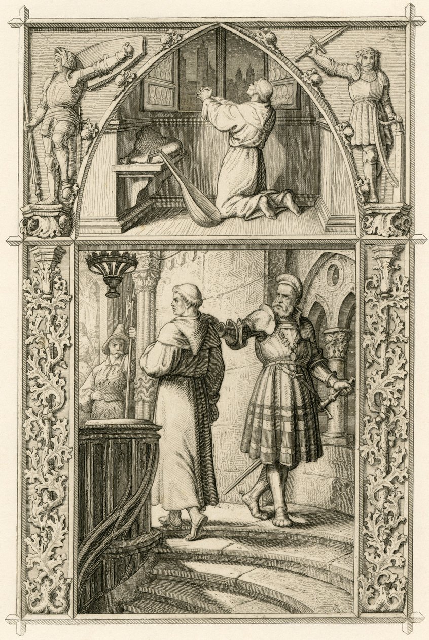 Martin Luther prays before meeting the emperor; Luther meets the knight George von Frundsberg by Gustav Ferdinand Leopold Konig