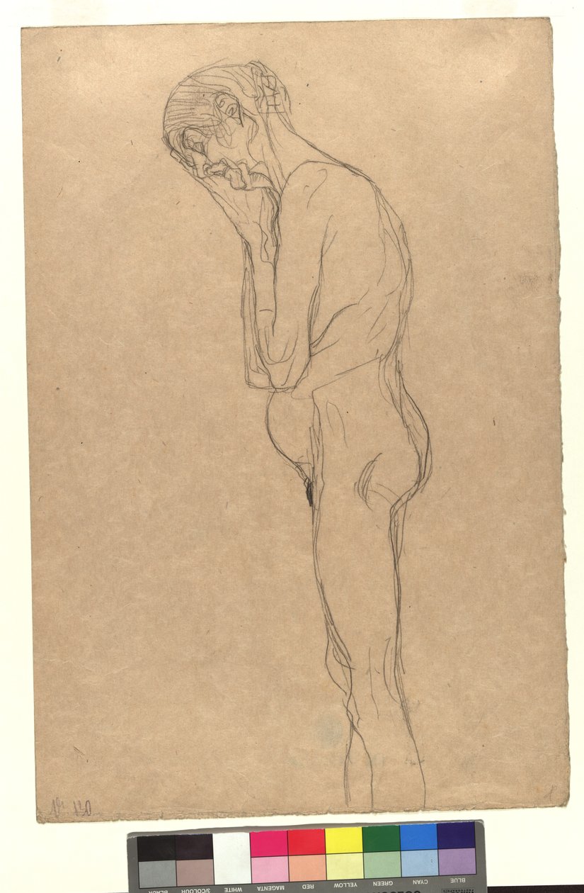 Nude Depiction of an Old Woman in Profile to the Left, Head Resting on Folded Hands by Gustav Klimt