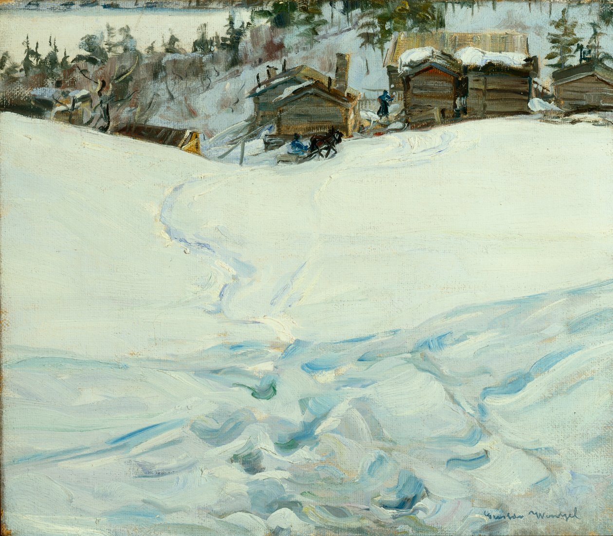 Mountain farm in winter landscape by Gustav Wentzel