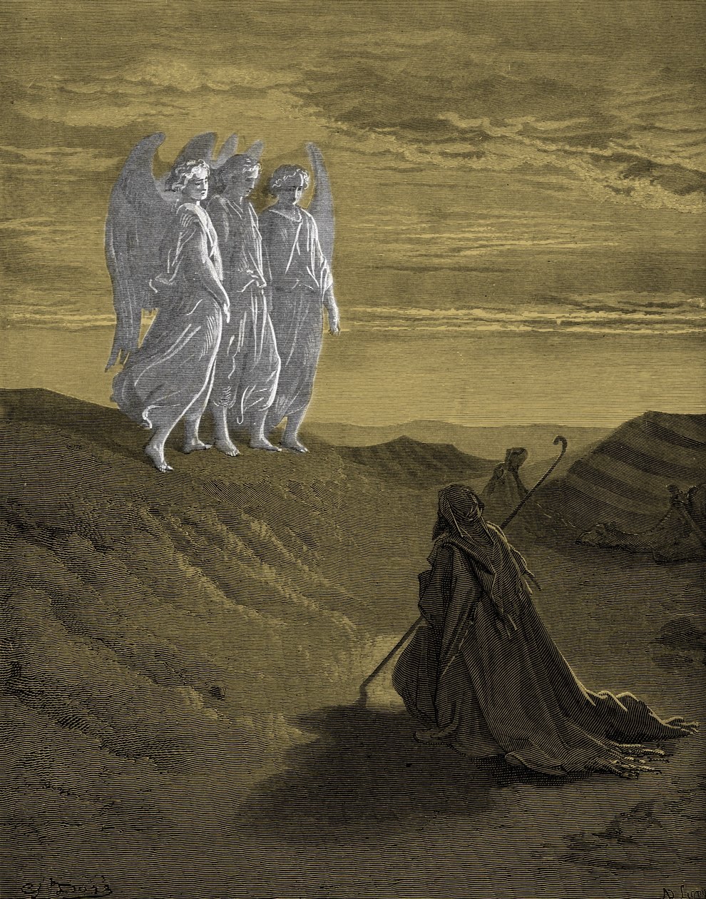 Abraham and the Three Angels, engraving by Doré - Bible by Gustave Dore