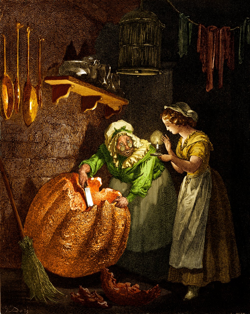 Cinderella: Fairy godmother carving the pumpkin.
