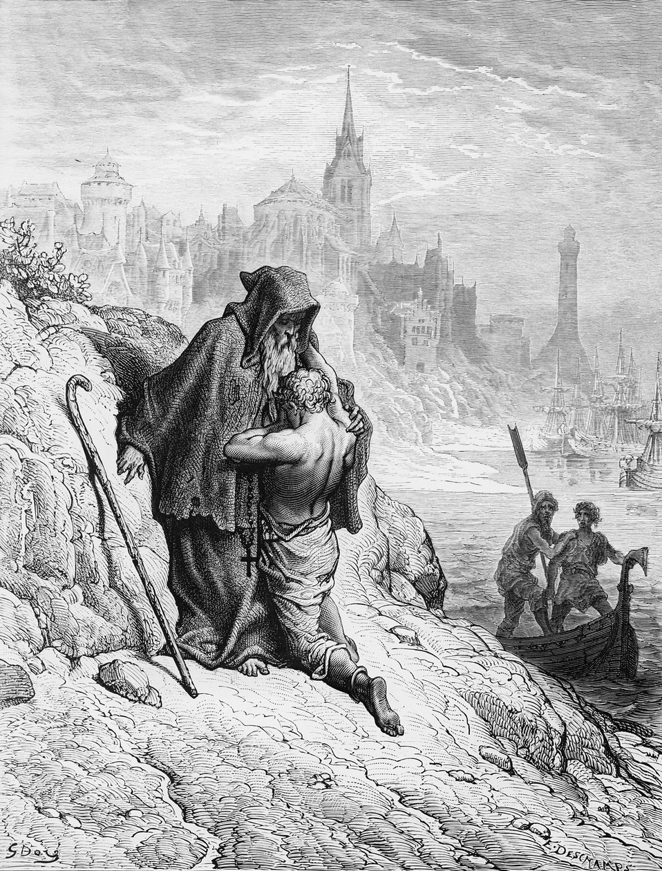 The Mariner begs the Hermit to give him absolution from his sin, scene from 