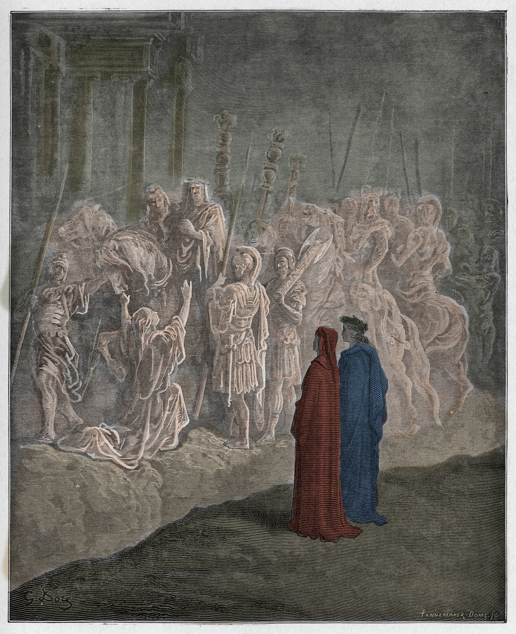 Purgatorio, Canto 10: The marble sculptures portraying pride (illustration from The Divine Comedy) by Gustave after Dore