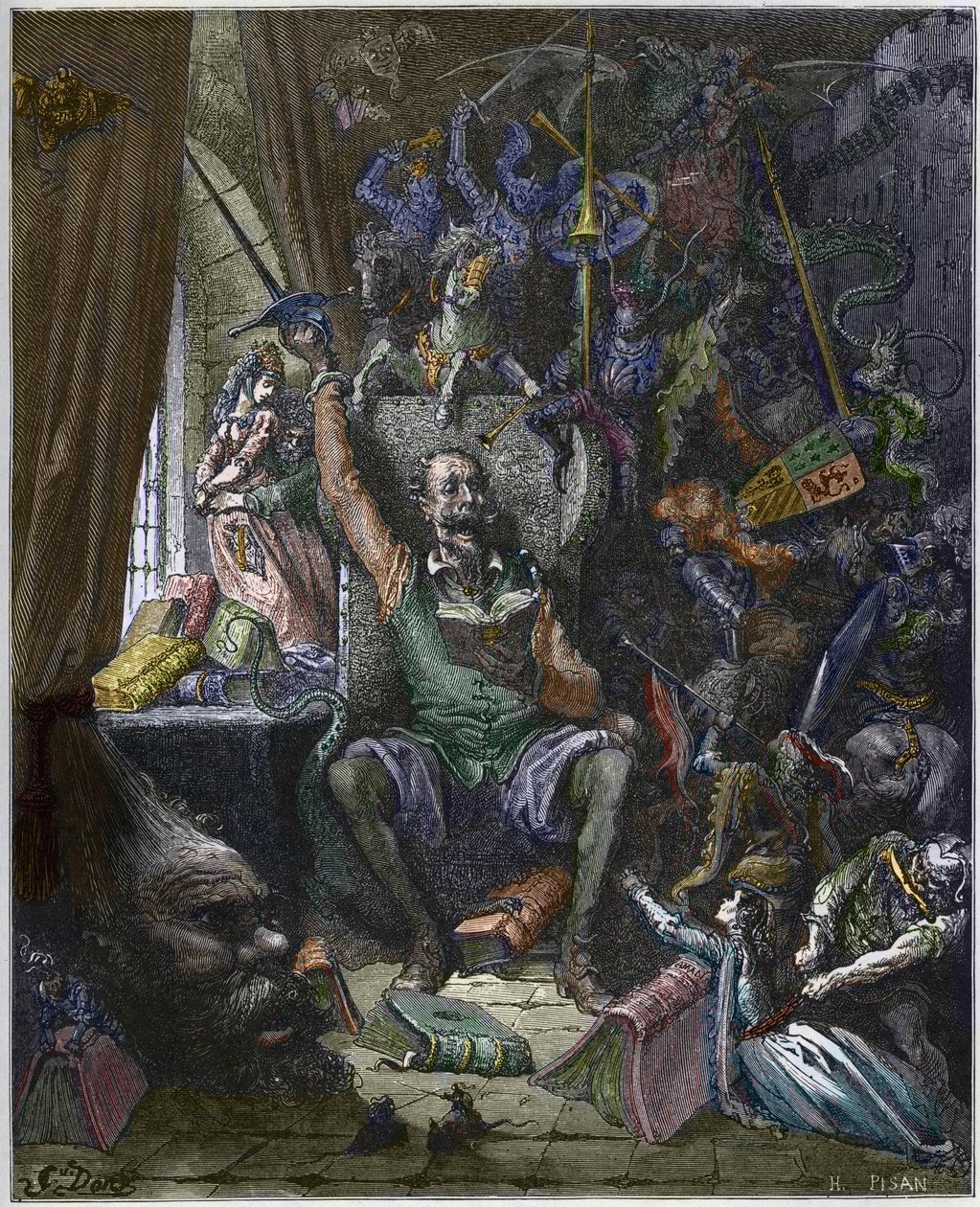 Don Quixote in his study surrounded by the phantoms of his daydreams - Don Quixote de la Mancha by Miguel Cervantes engraved by Heliodore Joseph Pisan after drawing by Gustave Dore by Gustave (after) Dore