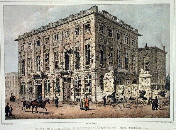 The Cafe Amitie and the Old Hotel du Prince Frederic, Brussels, after the Fighting of 23rd-26th September 1830, engraved by Jean Baptiste Madou by Gustave Adolphe (after) Simoneau