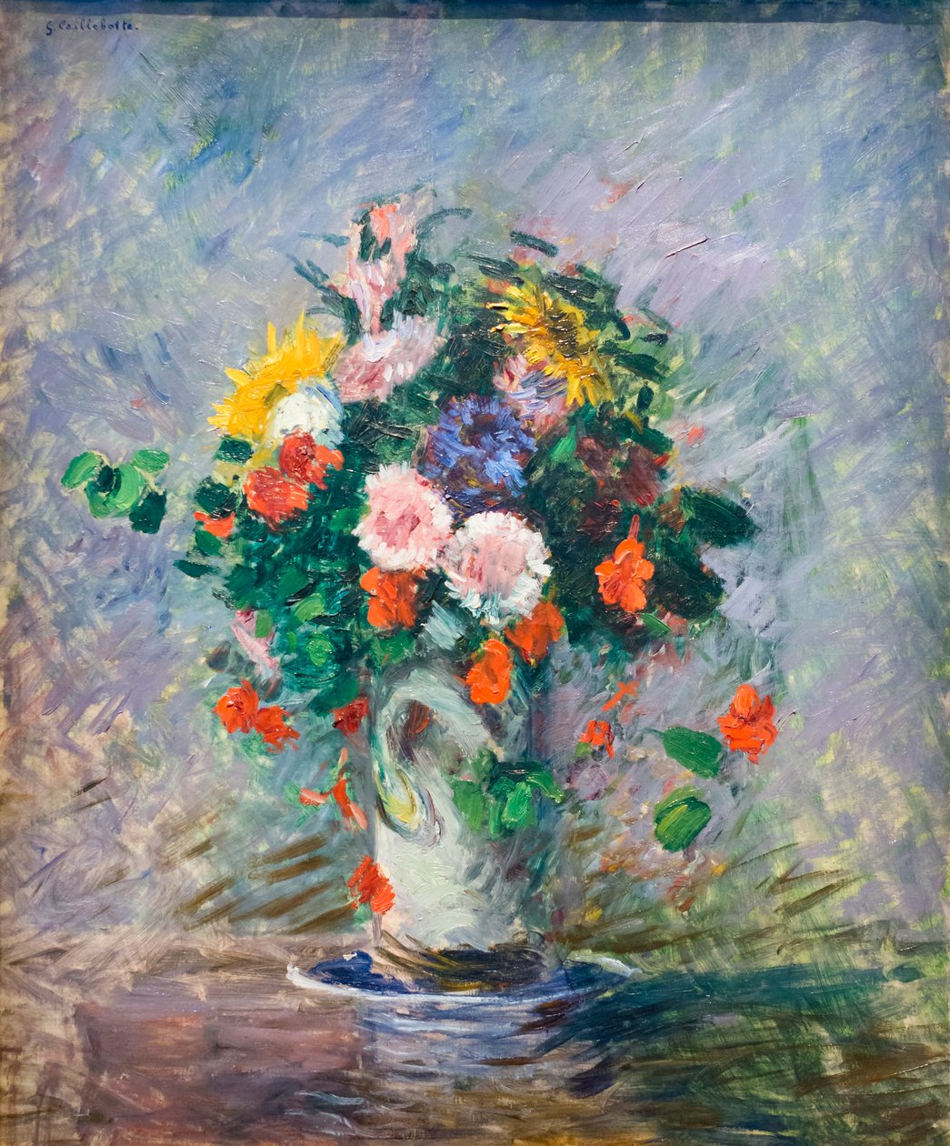 Bouquet of Chinese Asters, Nasturtiums and Sunflowers in a Vase by Gustave Caillebotte