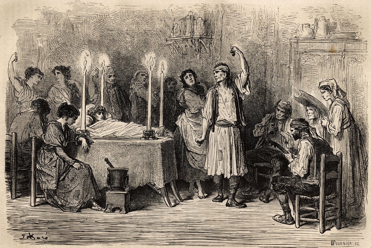 A funeral dance, during the mortuary day in Jijonas (province of Alicante). Sketch taken on the live by Gustave Dore. Engraving to illustrate the voyage in Spain, in 1862 by Charles Davillier and Gustave Dore, in Le tour du monde, nouveau journal des voyag by Gustave Dore