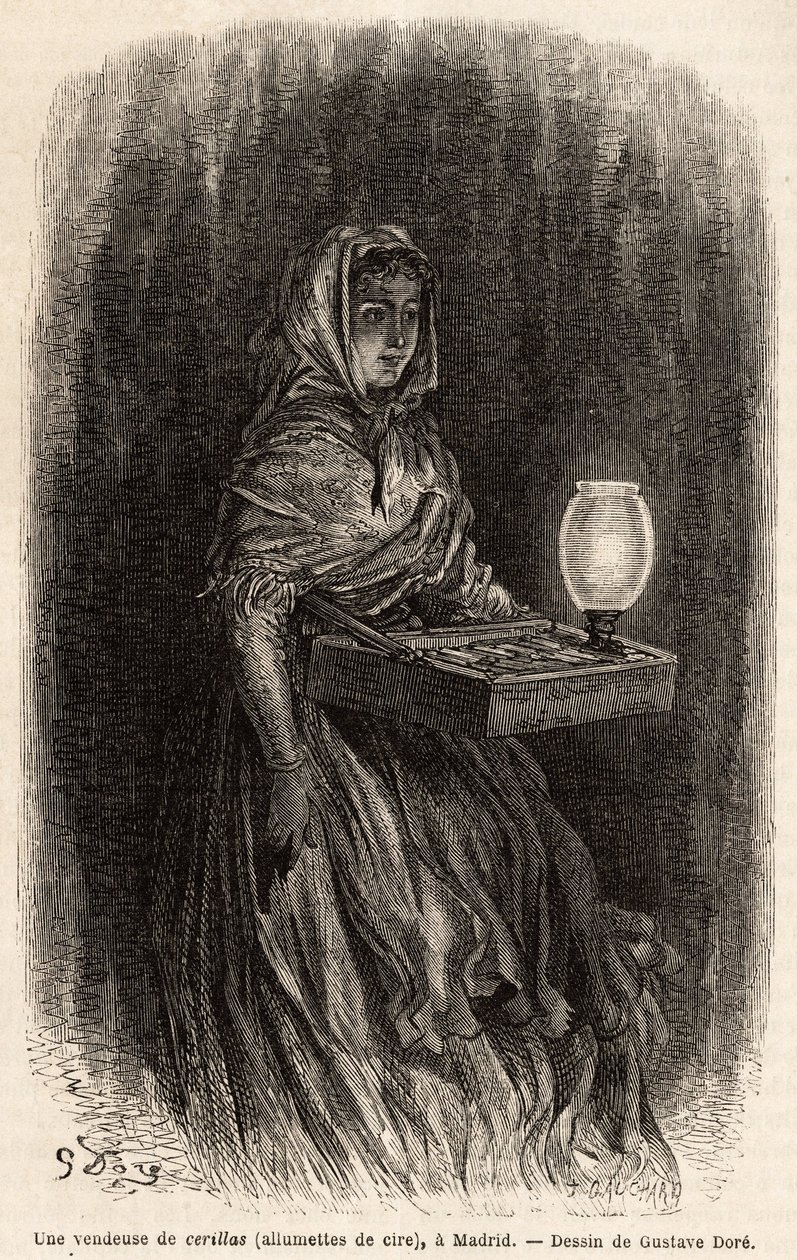 A saleswoman of wax matches, sketch on live in the Puerta del Sol, in Madrid. Engraving by Gustave Dore (1832-1883) to illustrate his trip to Spain by Gustave Dore