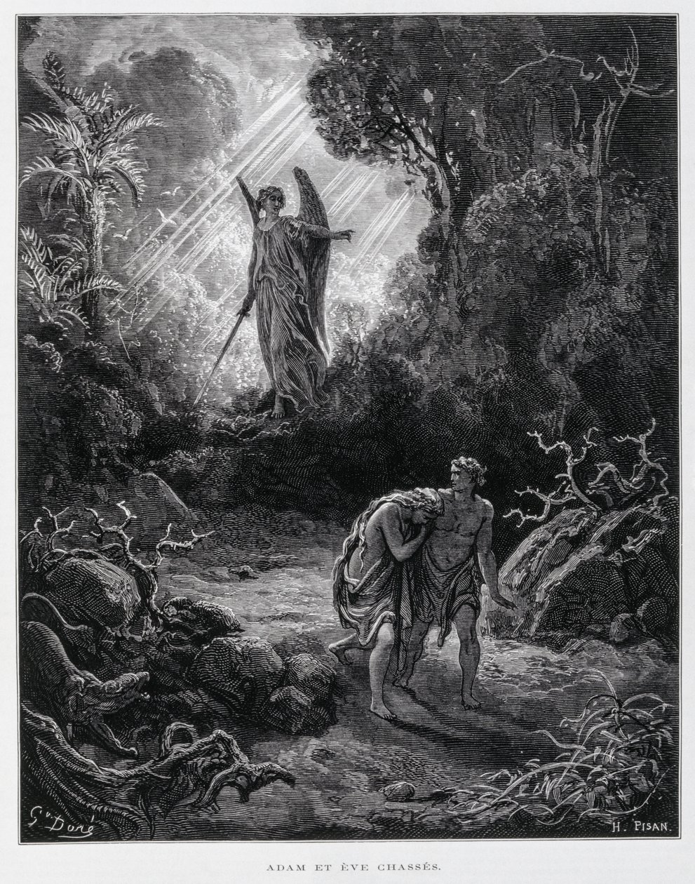 Adam and Eve banished from the Garden of Eden by an angel, Illustration from the Dore Bible by Gustave Dore
