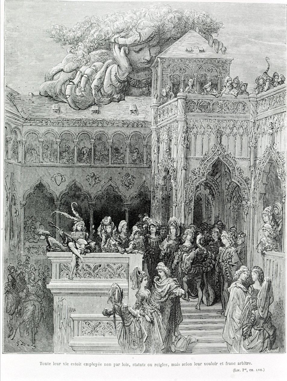 All their lives were employed not by laws, statutes or rules, but according to their will and frank will, after Gargantua (1534) by François Rabelais. Engraved by Gustave Dore by Gustave Dore