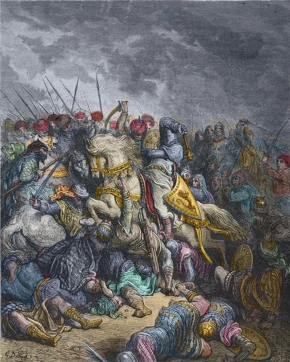 Battle of Arsur - Richard I Lion Heart, King of England participating in the 3rd Crusade - Richard the Lionheart in the Battle of Arsuf, Third Crusade, engraving by Gustave Dore - from History of the Crusades by Joseph-Francois Michaud by Gustave Dore