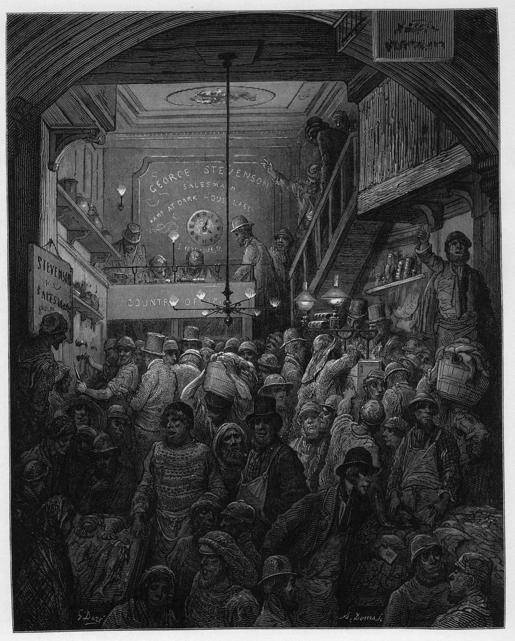 Billingsgate - Sale Of Fish In The Criee. Illustration for London by Louis Enault illustrated by Gustave Dore by Gustave Dore
