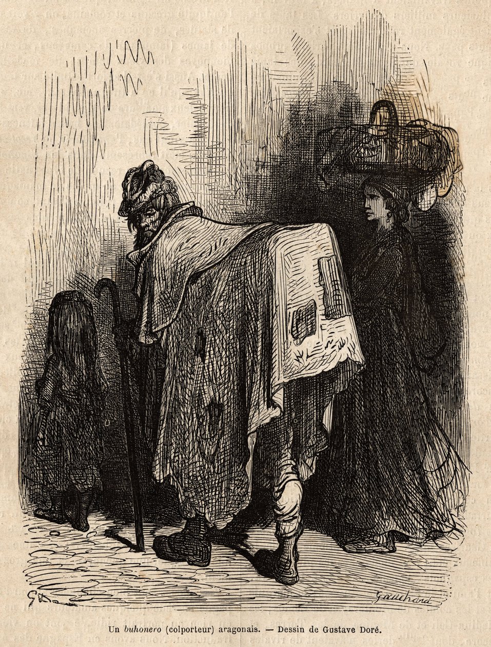 Buhonero, Aragonese peddler. Drawing by Gustave Dore. Engraving to illustrate the voyage in Spain, by Charles Davillier, in 1862, published in 