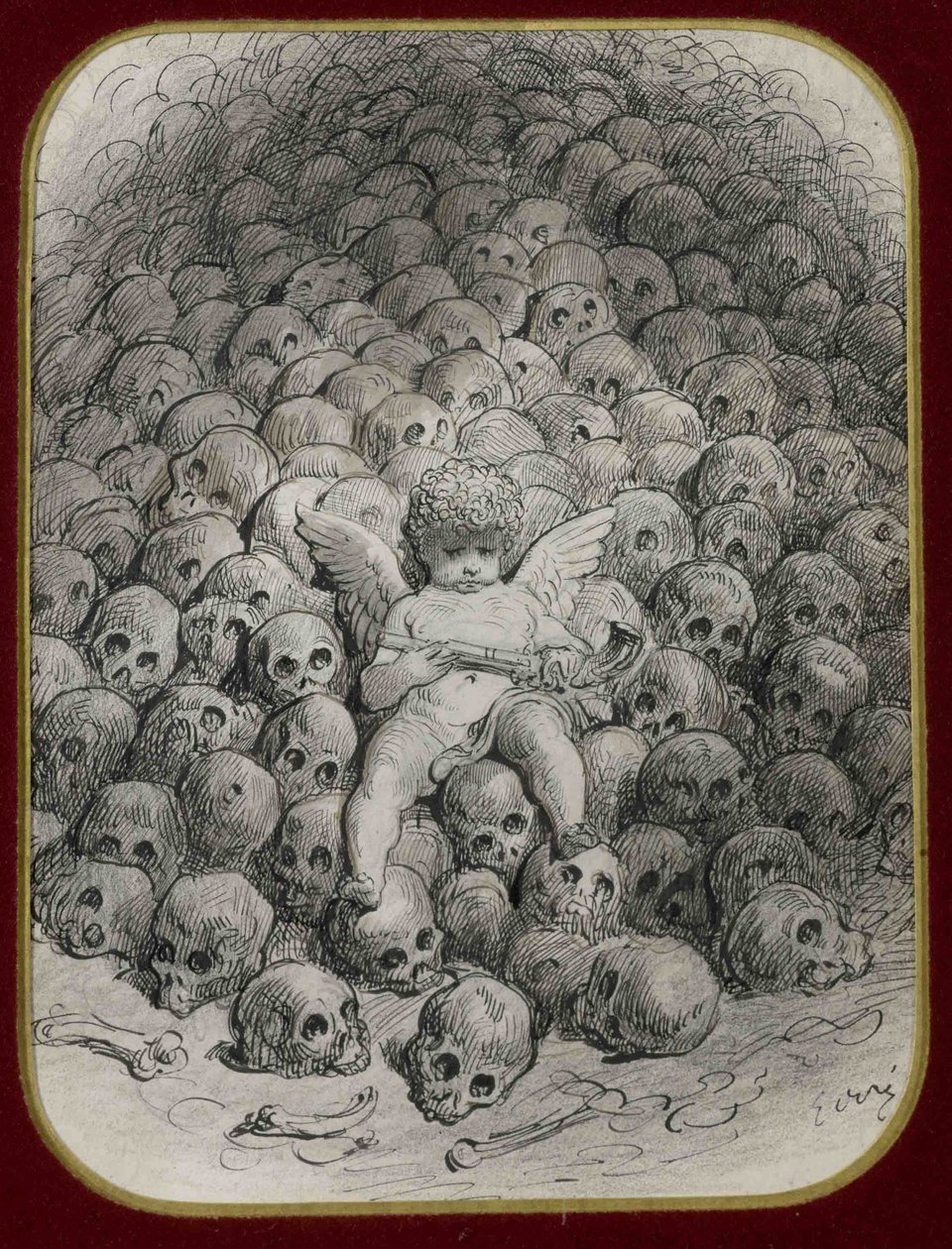 Cupid with a Pistol on Top of a Mountain of Skulls by Gustave Dore