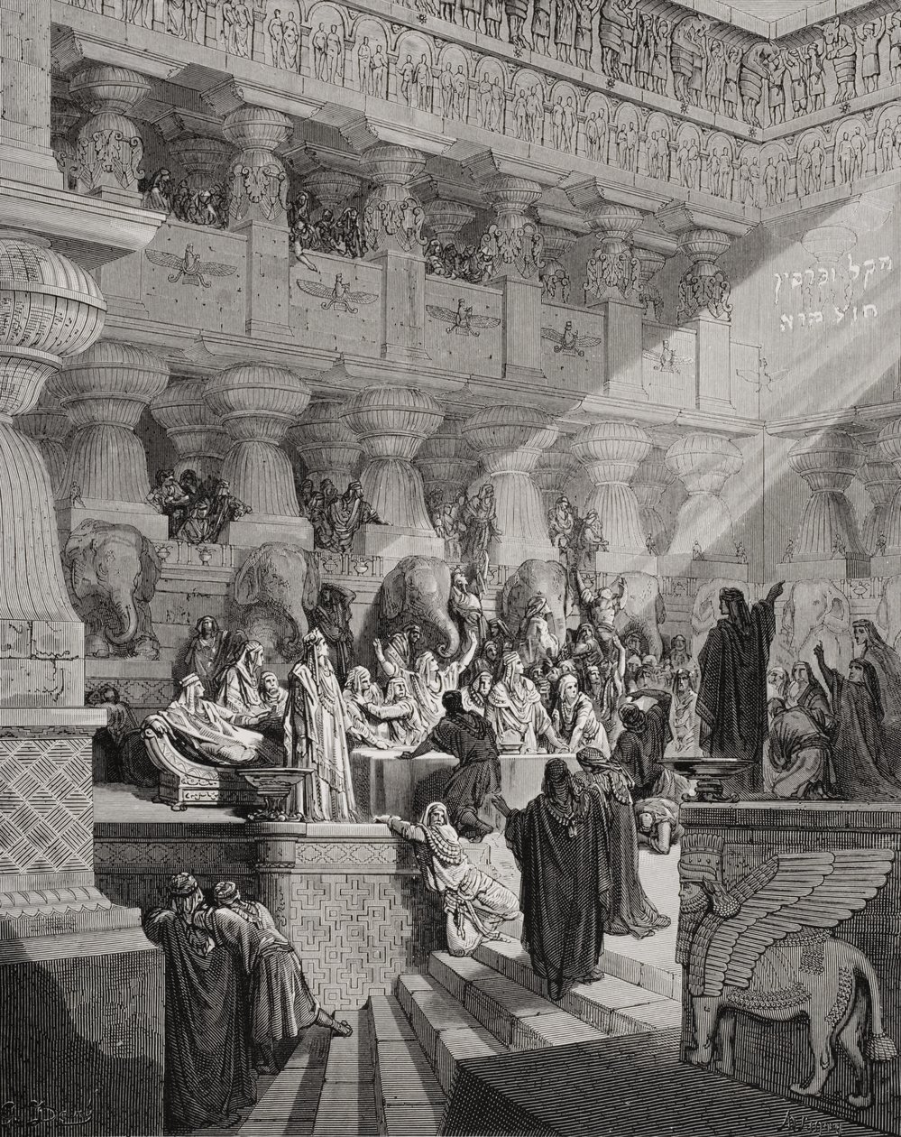 Daniel Interpreting the Writing on the Wall, Daniel 5:25-28, illustration from Dore