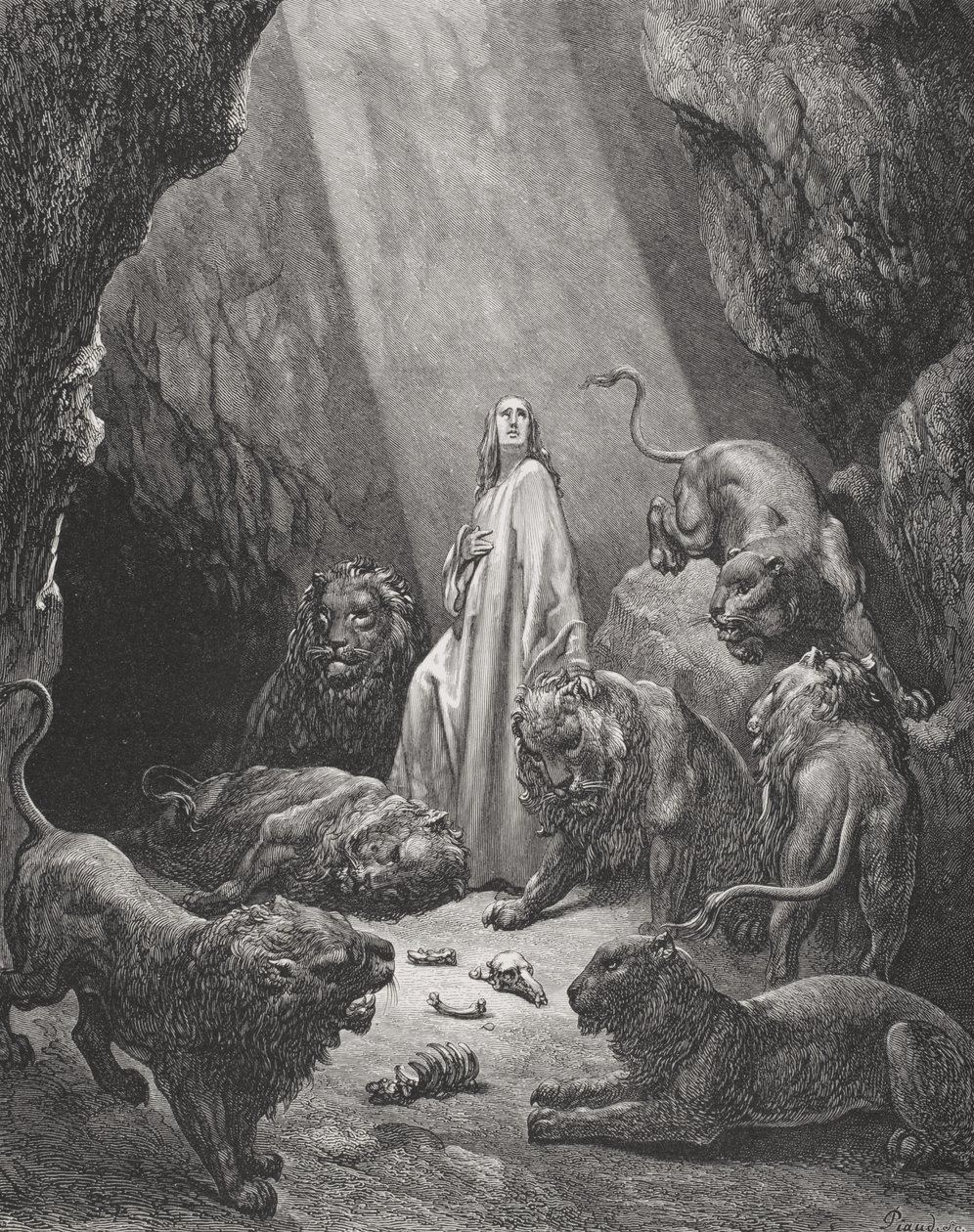 Daniel in the Den of Lions, Daniel 6:16-17, Illustration from Dore