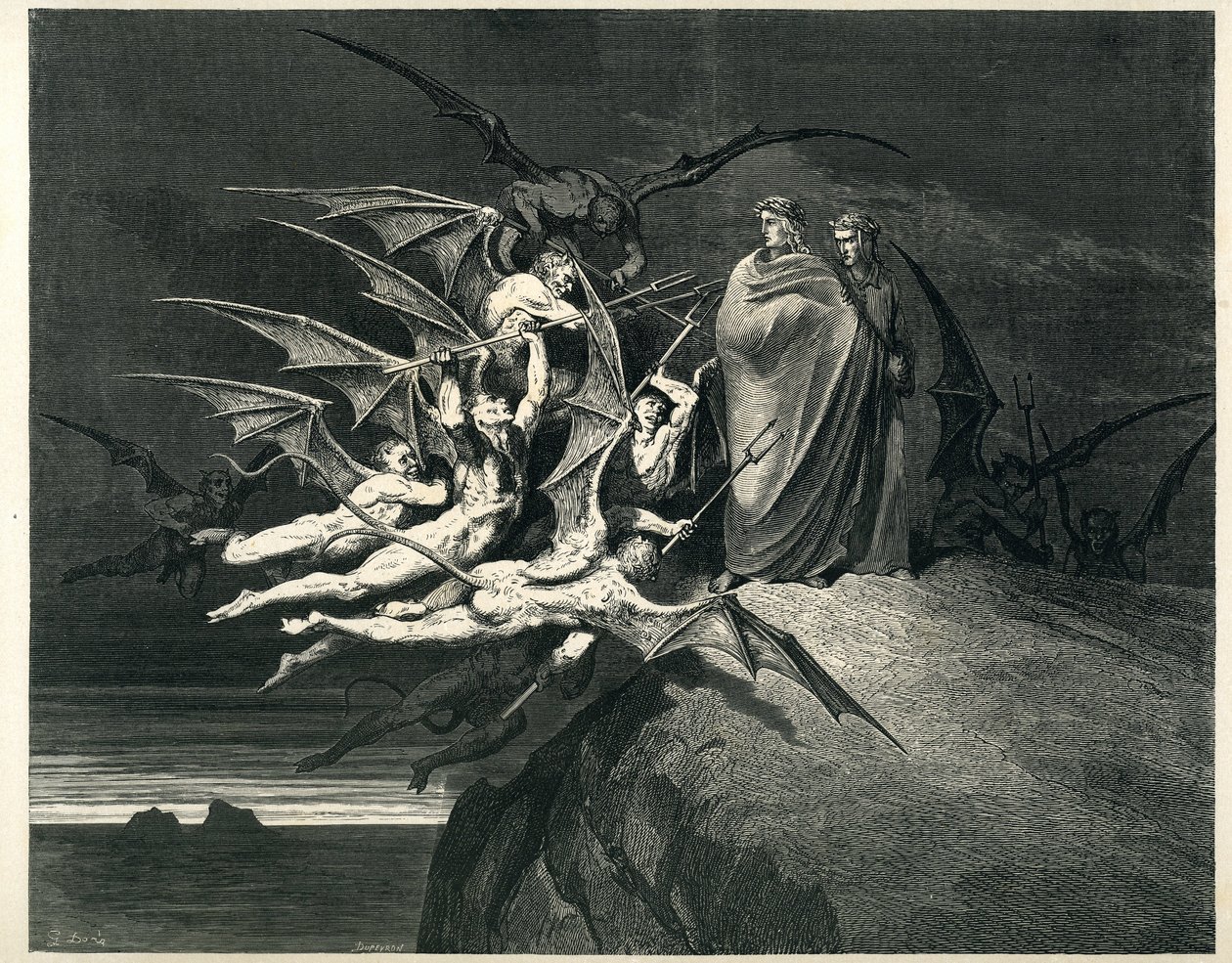 Dante and Virgil face the demons. Engraving from The Hell by Dante Alighieri (the Divine Comedy) illustrated by Gustave Dore. French edition of 1861. “Let none of you be rebellious!”, chant 21, v. 72. by Gustave Dore