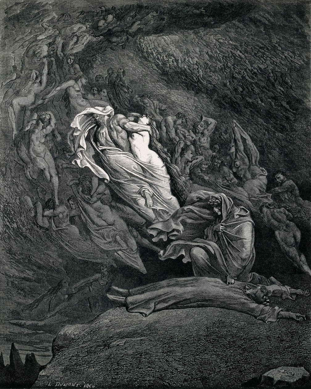 Dante and Virgil with Paolo and Francesca, Illustration to Inferno, Canto V of Divine Comedy by Gustave Dore