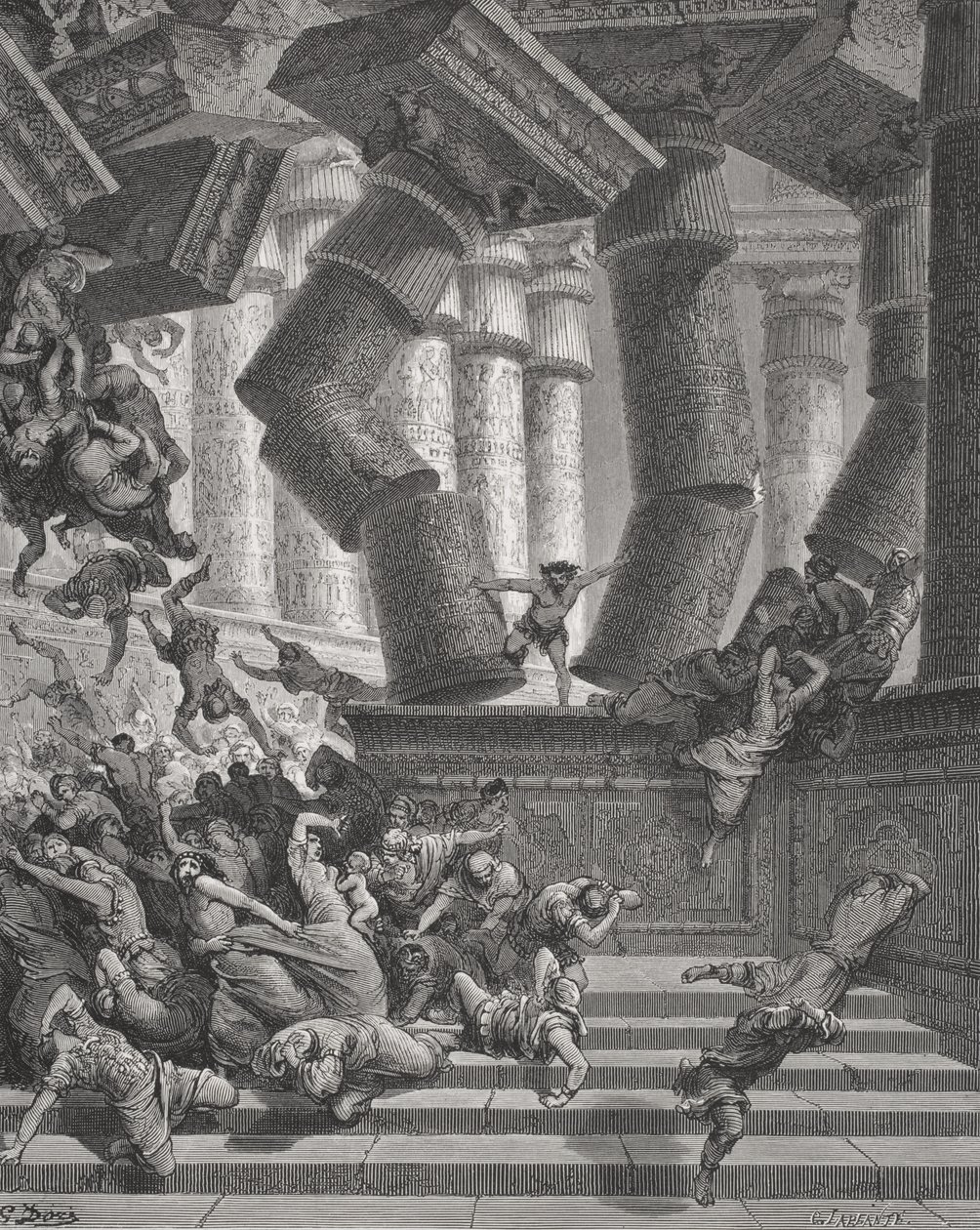 Death of Samson, Judges 26:28-30, illustration from Dore