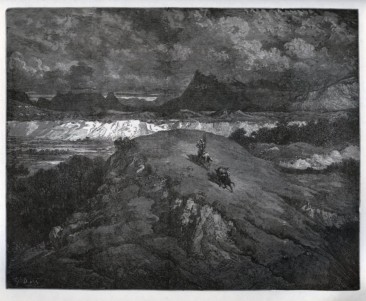 Don Quixote and Sancho Panza continuing their adventures in a mountainous region, Sierra Morena - from 