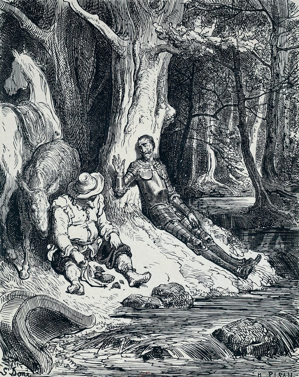 Don Quixote and Sancho Panza in illustration, by Gustave Dore for Don Quixote, by Miguel de Cervantes Saavedra by Gustave Dore