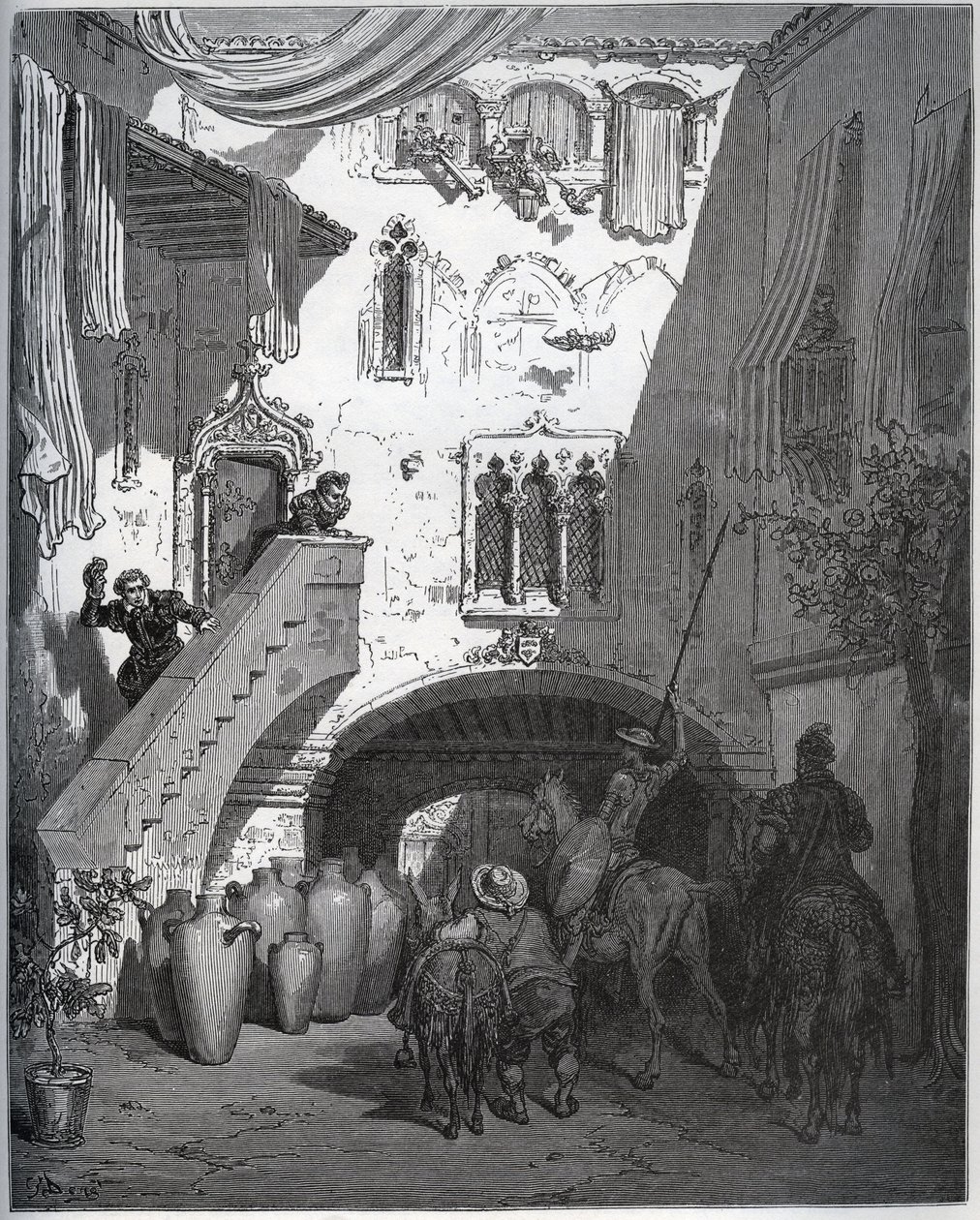 Don Quixote and Sancho Panza, invited by Don Diego de Miranda at home, are welcomed by the gentleman