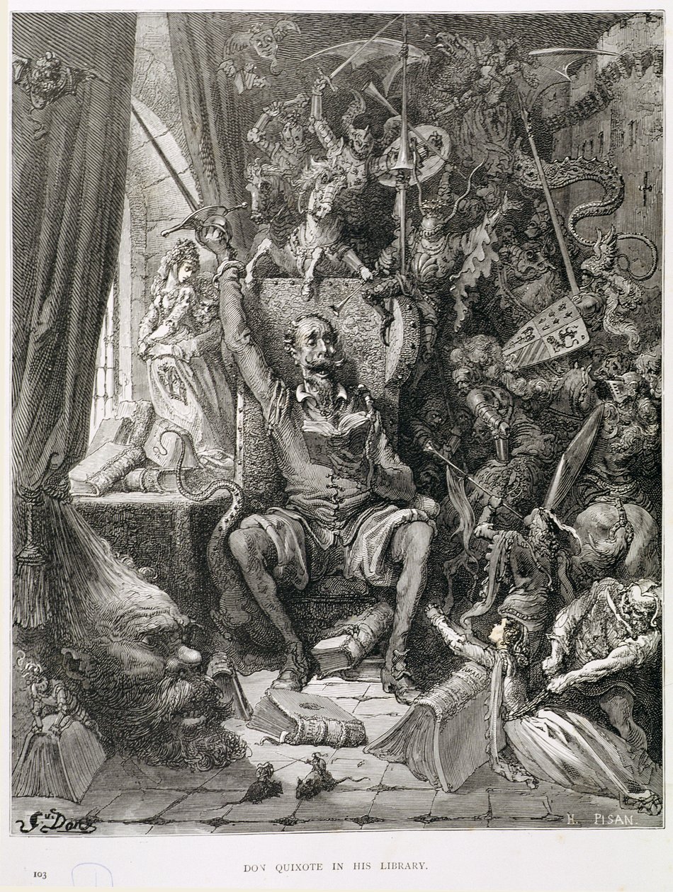 Don Quixote in his Library, engraved by Heliodore Joseph Pisan c.1868 by Gustave Dore