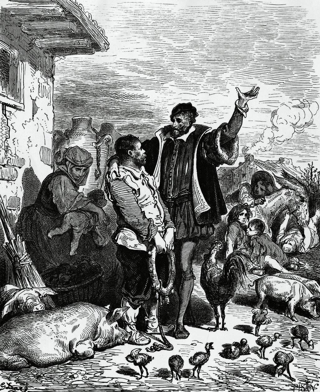 Don Quixote taking Sancho Panza from his home and pronouncing him governor, illustration by Gustave Dore for 1880 edition of Don Quixote by Miguel de Cervantes Saavedra by Gustave Dore