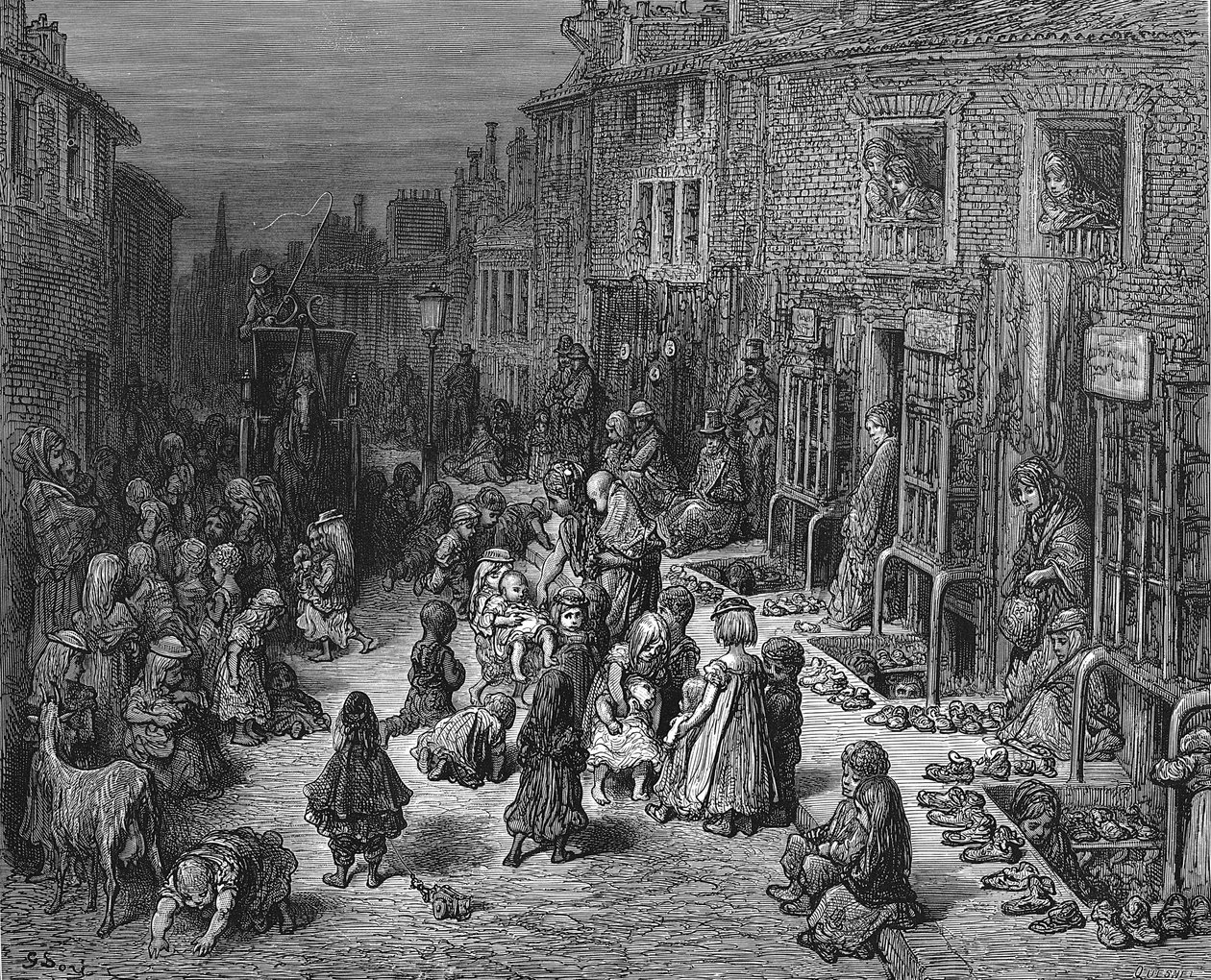 Dudley Street, Seven Dials: From Gustave Dore and Blanchard Jerrold London: A Pilgrimage London 1872. Unkempt, Dirty Children Play in the Street While Cab Tries to Drive Through Without Crushing Them by Gustave Dore