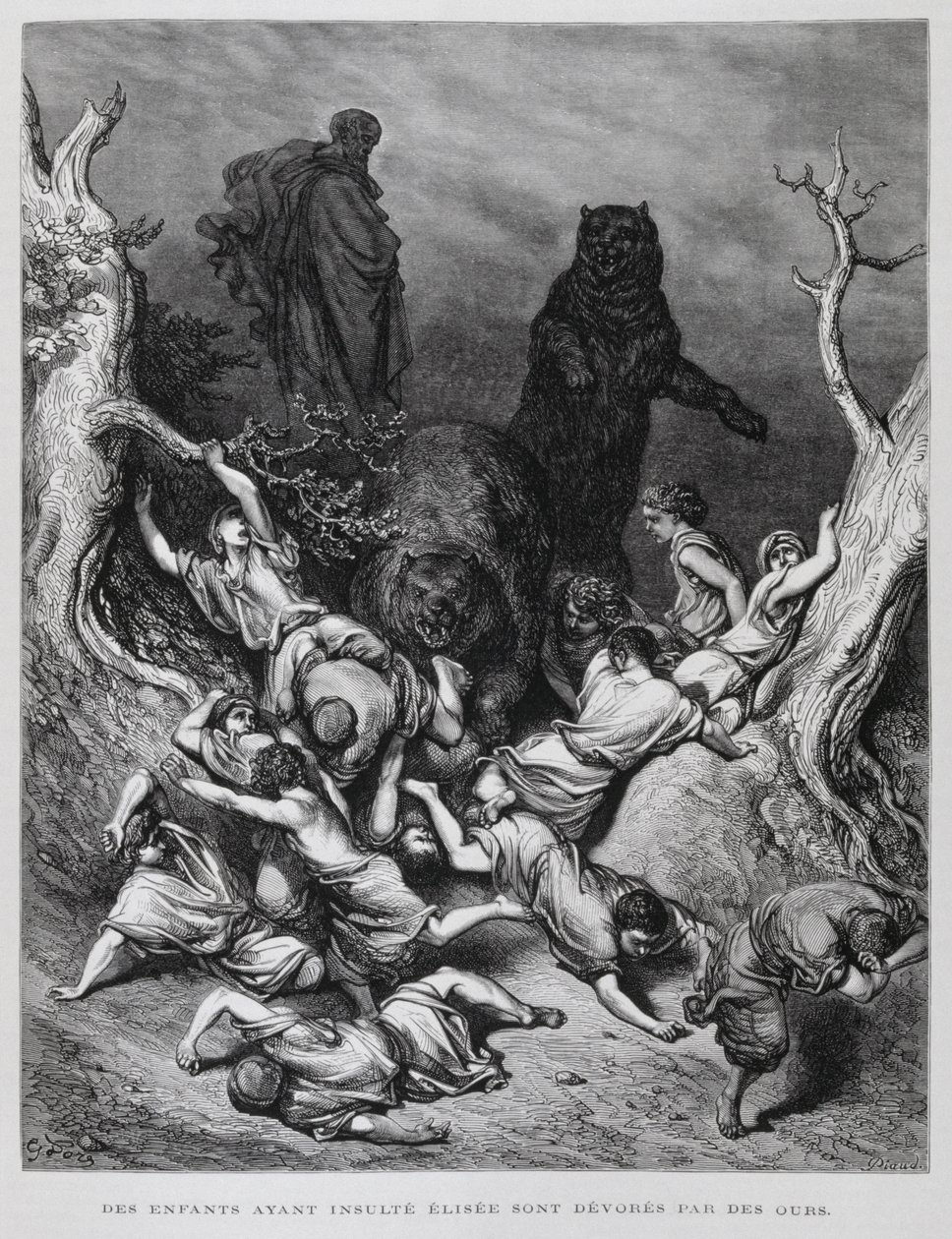 Elisha Watches as the Children are Destroyed by Bears, Illustration from the Dore Bible by Gustave Dore