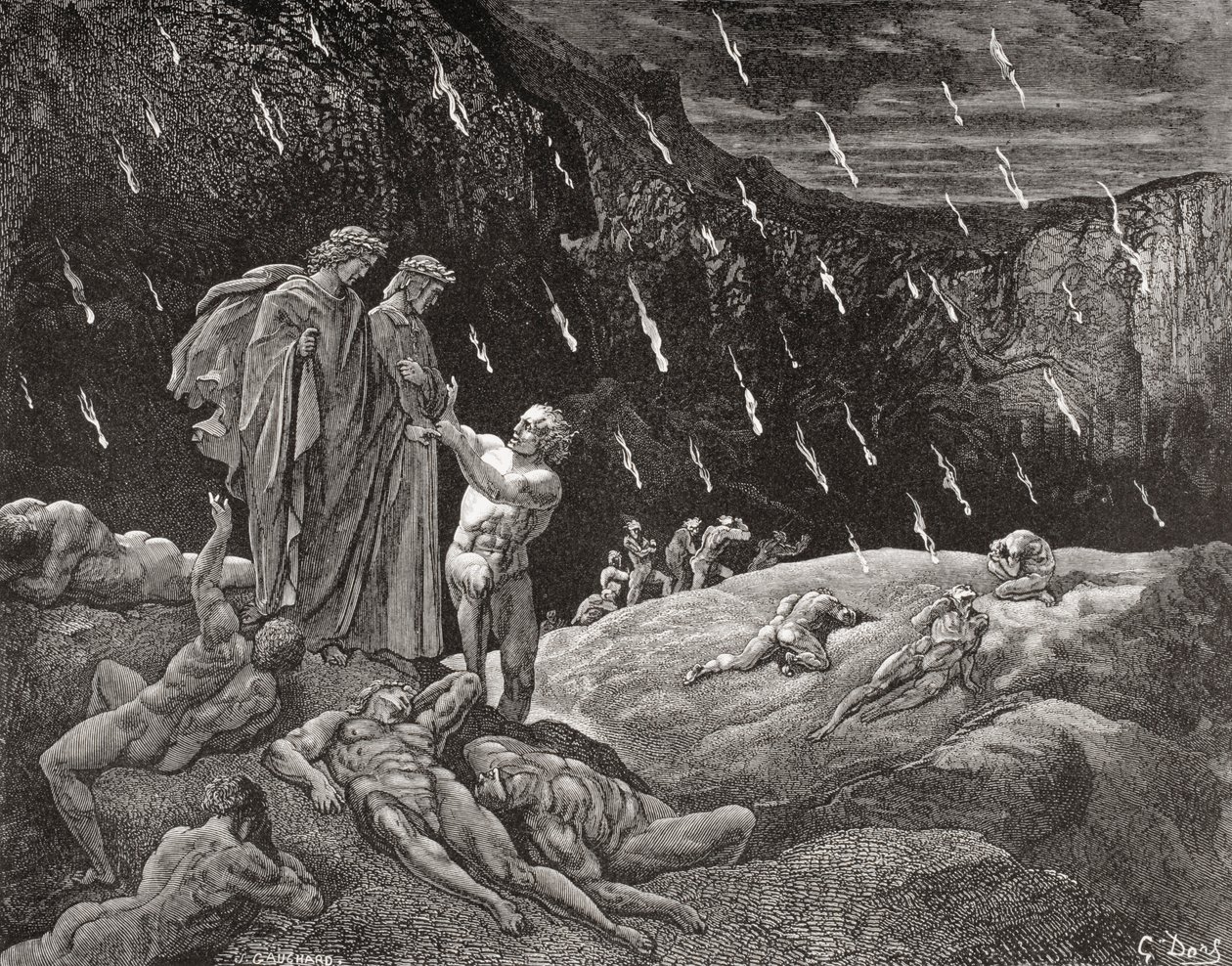 Engraving by Gustave Dore for Inferno by Dante Alighieri Canto XV lines 28 and 29 by Gustave Dore