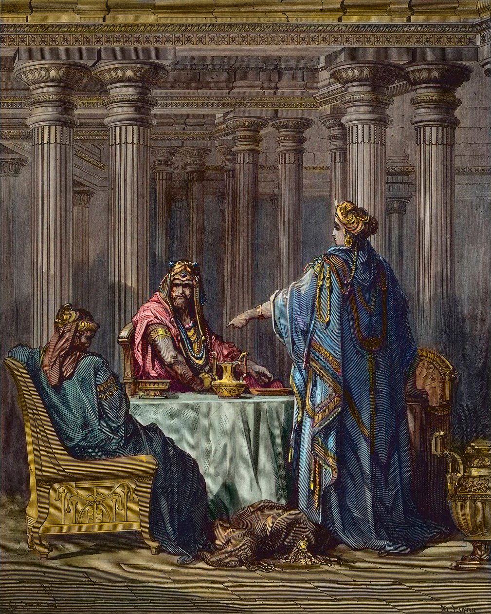 Esther accusing Haman (biblical scenes, wood engraving by Gustave Dore - later colouring) by Gustave Dore